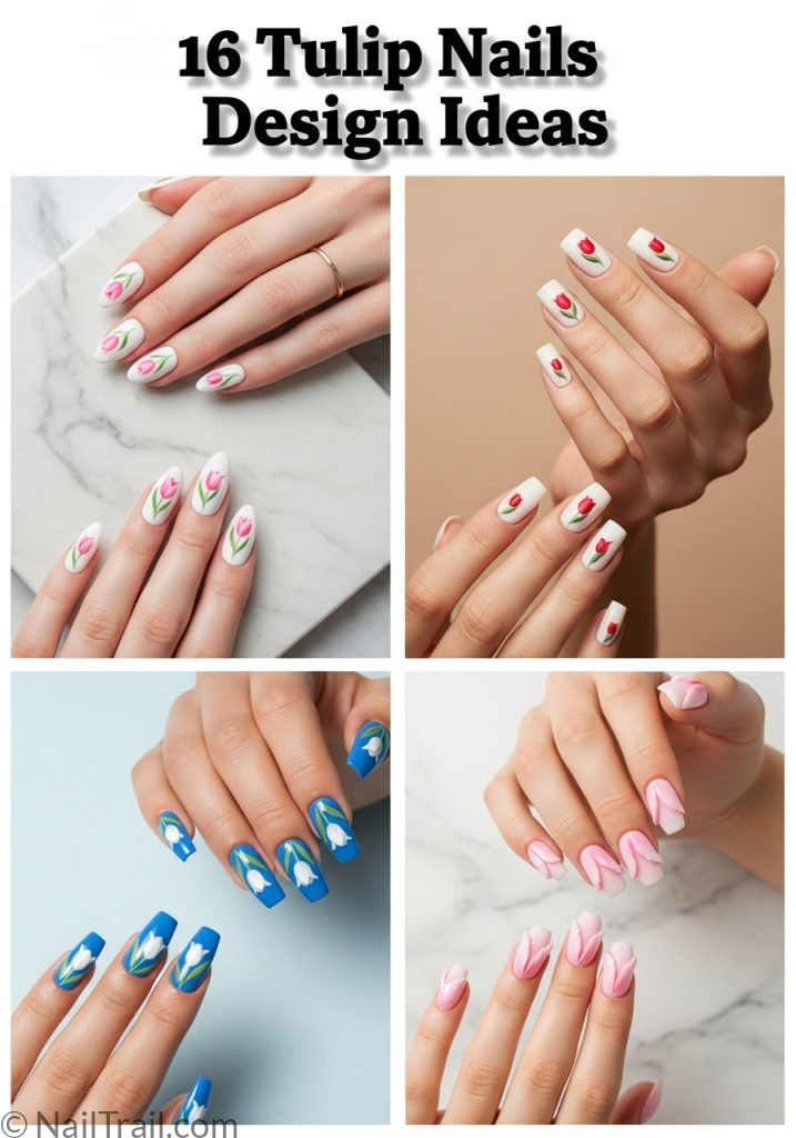 Collage of four tulip nail designs including pink tulip almond, simple red tulip short, blue tulip coffin, and 3D tulip nails with title text