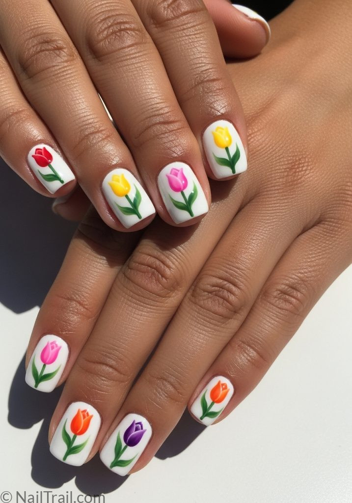 Light brown hands with white short nails multicolor tulip art tulip nails design short simple designs