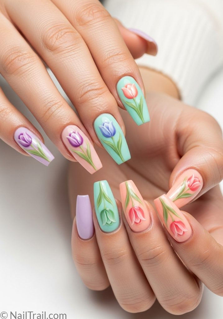 Medium fair hands with pastel coffin nails tonal tulip art tulip nails design simple designs