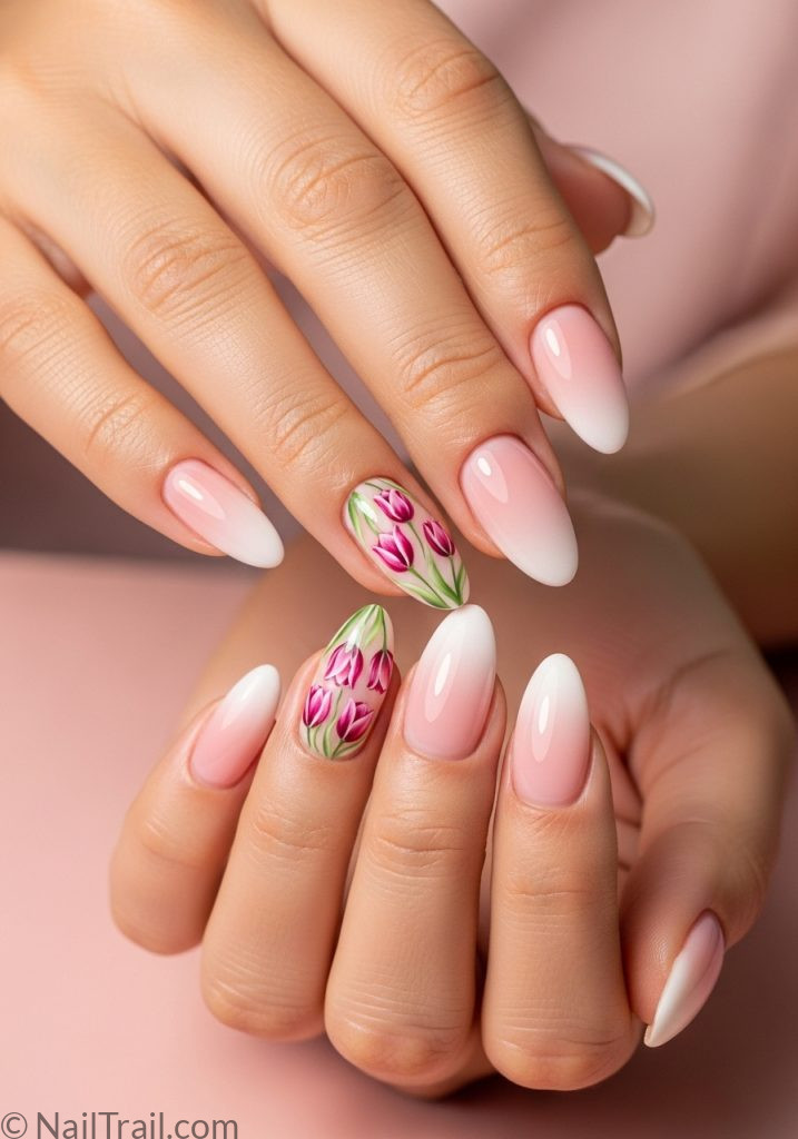 Light tan hands with pink ombre almond nails deep pink tulip art tulip nails design pink designs