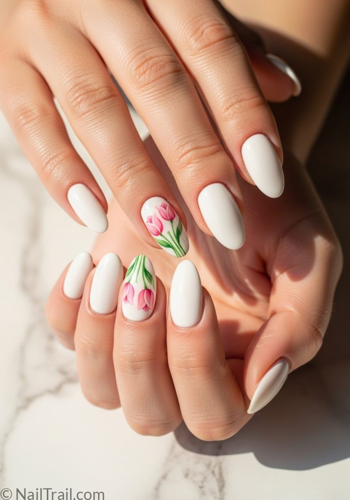 Fair skin hands with white almond nails pink tulip art tulip nails design pink simple