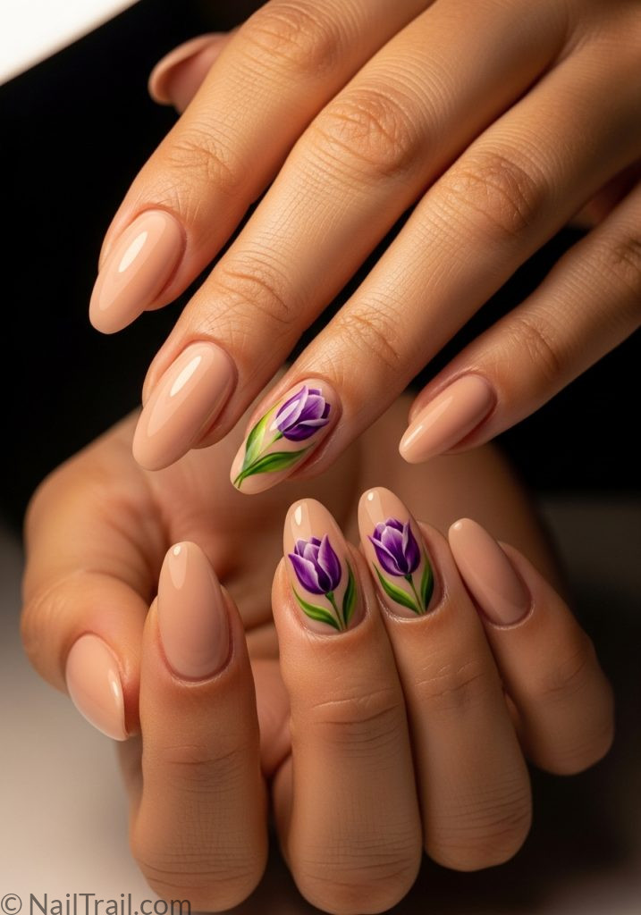 Medium tan hands with nude almond nails purple tulip art tulip nails design simple designs