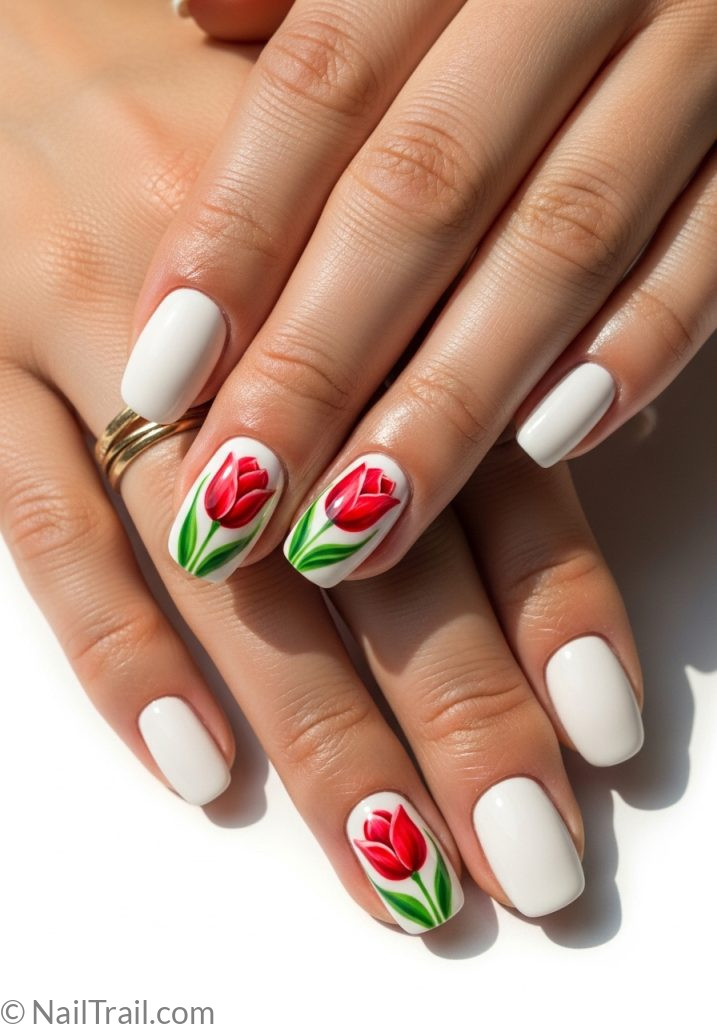 Light skin hands with white short oval nails bold red tulip art tulip nails design simple short