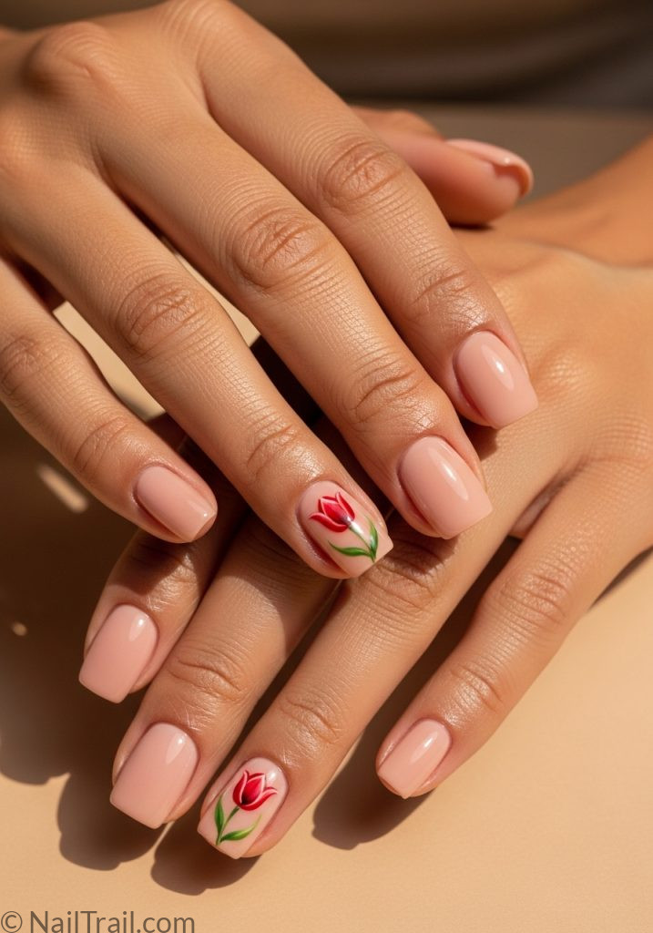 Medium tan hands with nude short square nails simple red tulip accent tulip nails design simple short