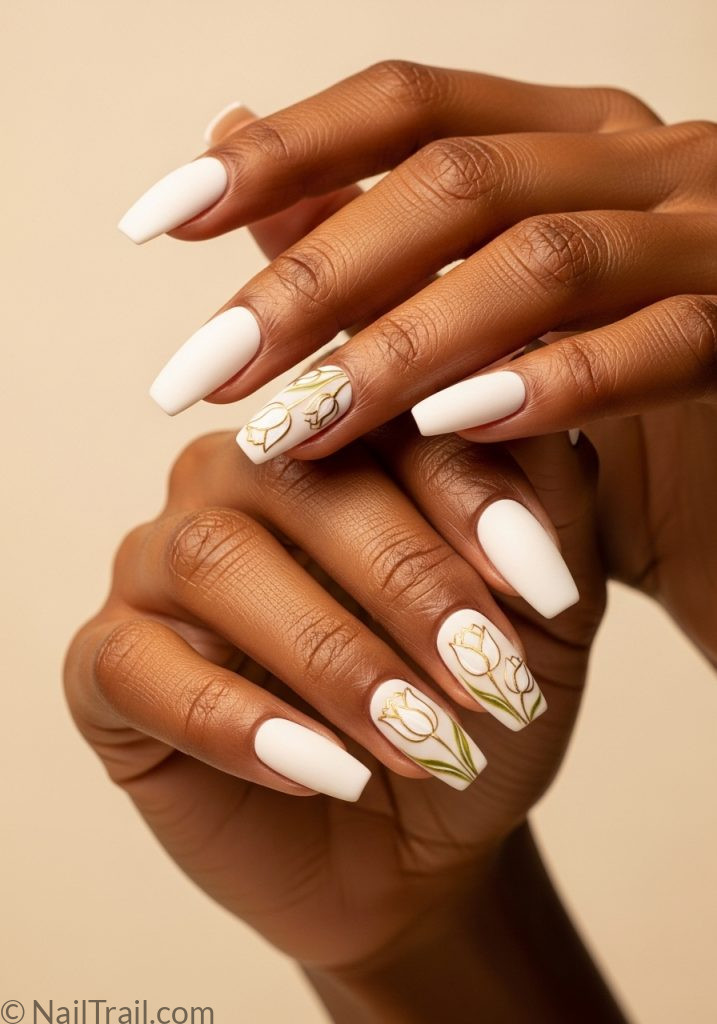 Dark skin hands with white coffin nails gold outlined tulip art tulip nails design white designs