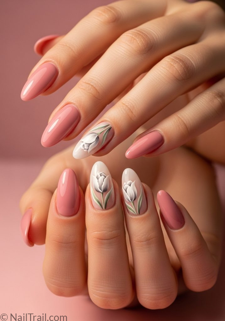 Fair neutral hands with pink almond nails white tulip art tulip nails design white pink simple