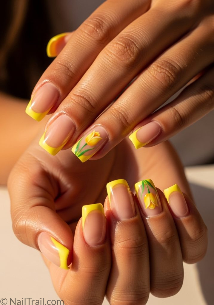 Medium tan hands with yellow French tip square nails tulip accent tulip nails design yellow square simple