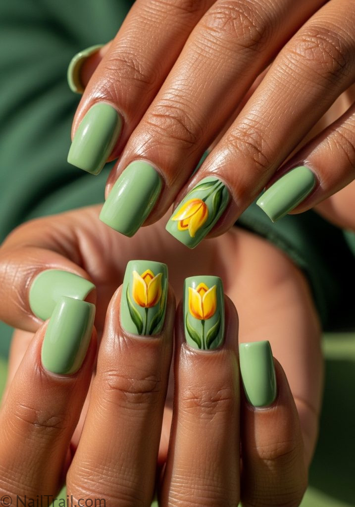 Medium brown hands with sage green square nails yellow tulip art tulip nails design yellow square