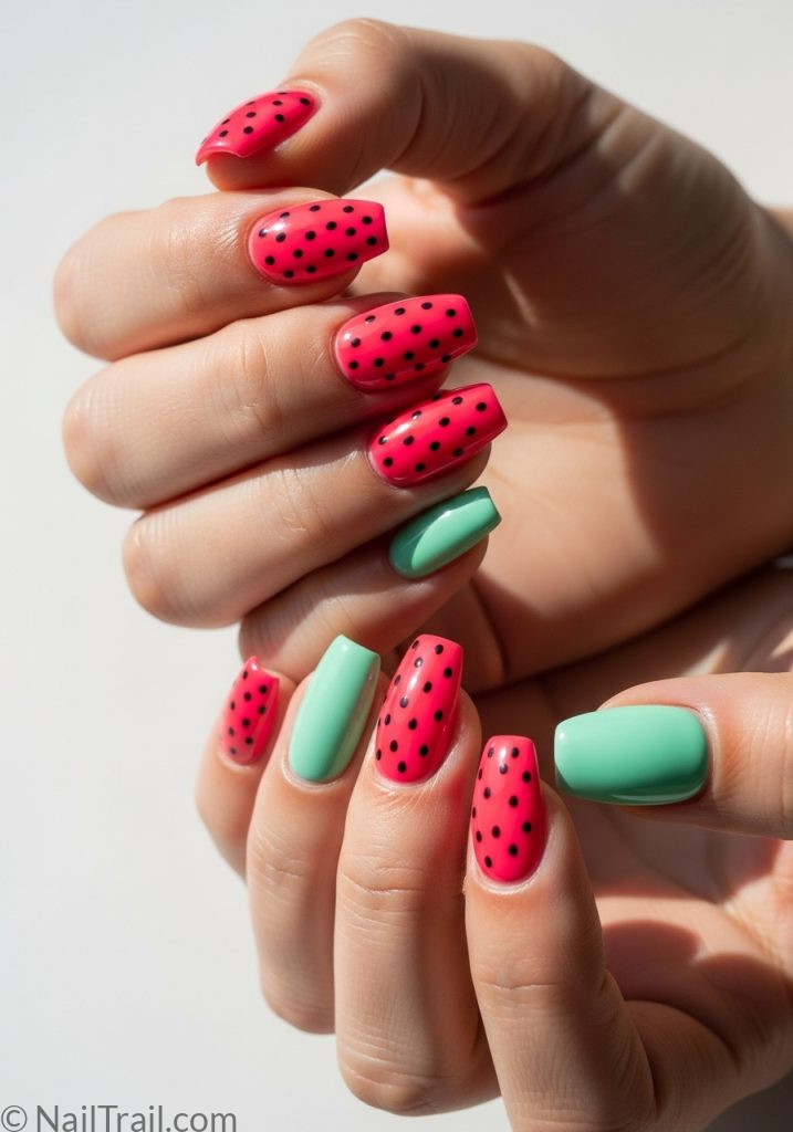 Watermelon pink and green short coffin nails with seed details on tan hands