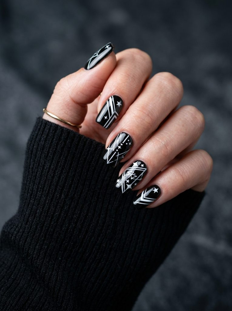 Straykids nail inspo ideas 2026 black white geometric star square