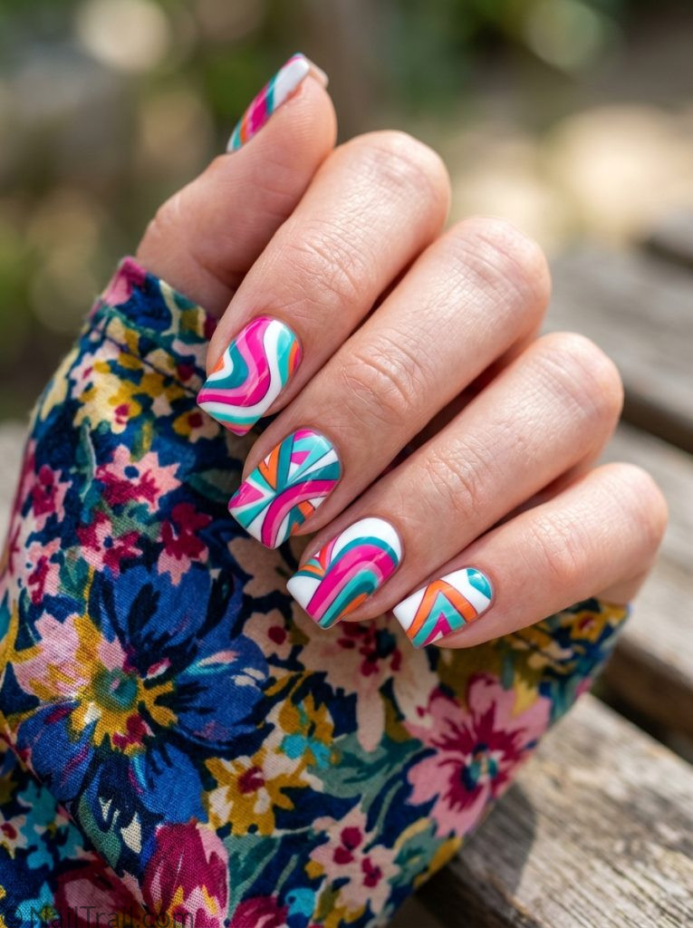 short pucci nails square hot pink teal orange swirl white base glossy 2026