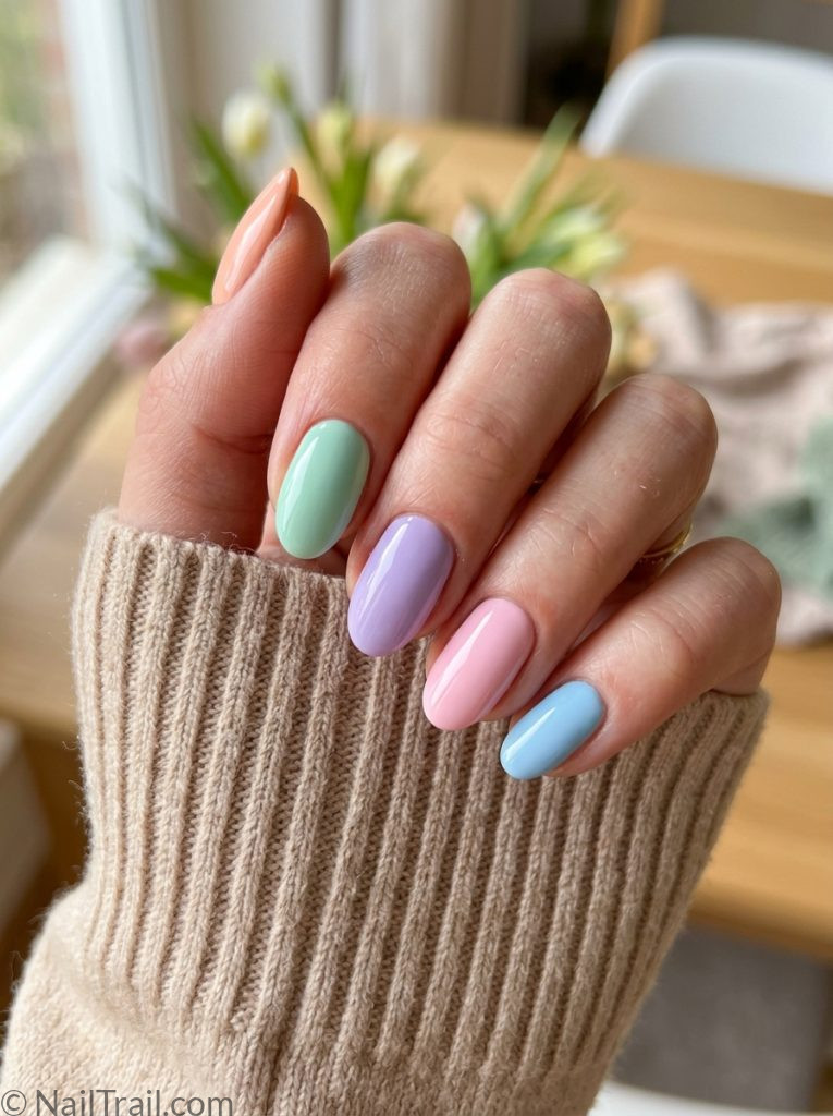 spring nail inspo ideas 2026 pastel mix mint peach lavender oval