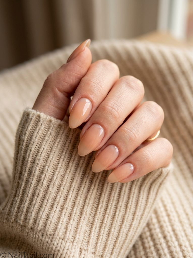 simple almond nail trends 2026 sheer nude translucent peachy glossy