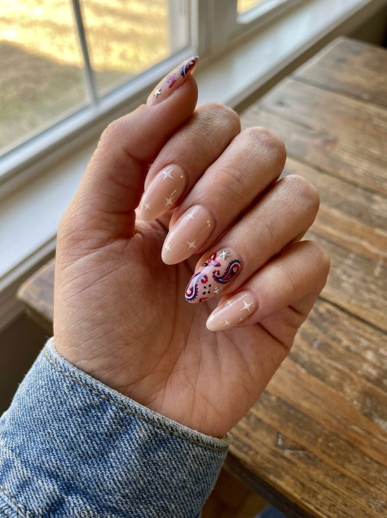 western 4th of july nails nude bandana pattern red blue almond glossy