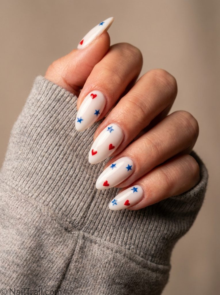 cute 4th of july nails white base red hearts blue stars almond glossy