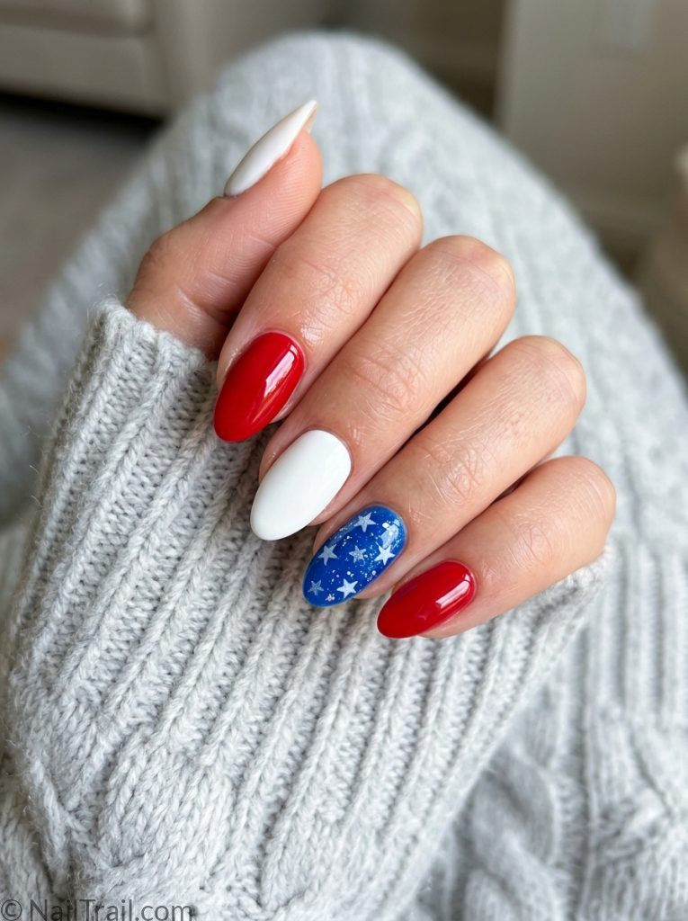 gel 4th of july nails vivid red white electric blue almond ultra glossy