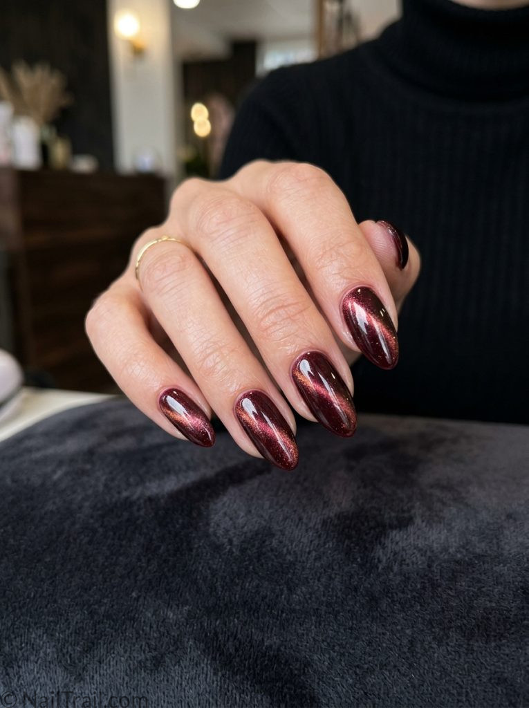 cat eye gel nail trends 2026 burgundy magnetic shimmer almond
