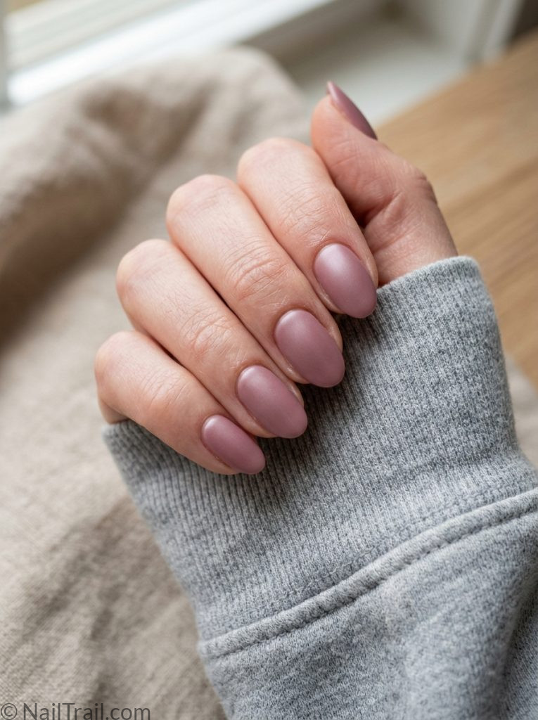 current pink nail trends 2026 dusty mauve rose grey satin oval