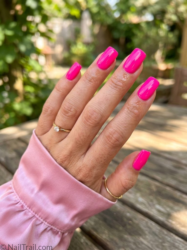 summer nail inspo ideas 2026 neon pink square glossy vivid
