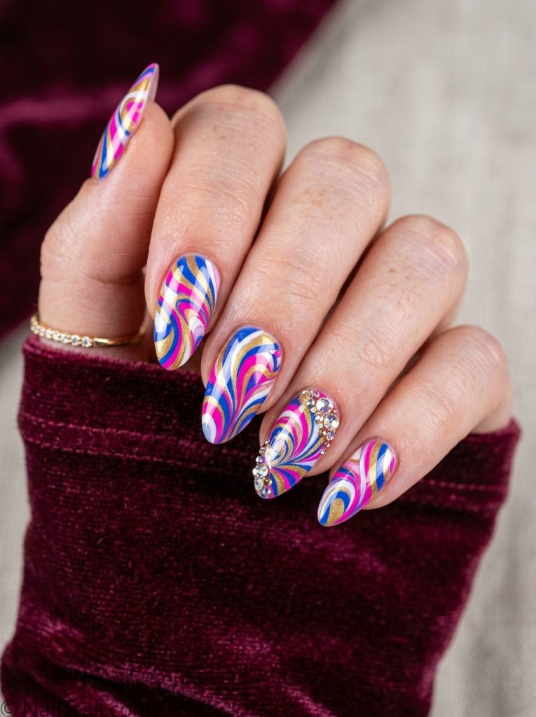 pucci nails charms pink blue gold swirl crystal accent almond glossy 2026