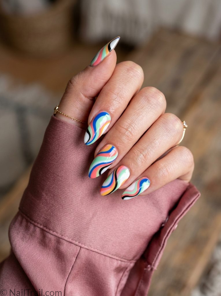pucci nails long almond shape blue mint pink swirl white base high gloss 2026