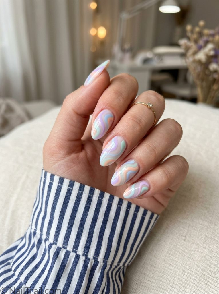 pastel pucci almond nails lilac blue peach mint swirl white base soft glossy 2026