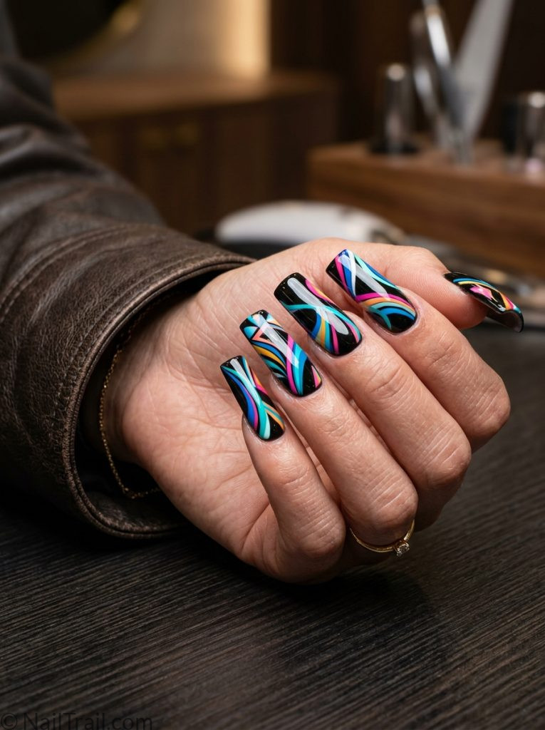 pucci nail design acrylic square electric blue teal pink white swirl black base glossy 2026
