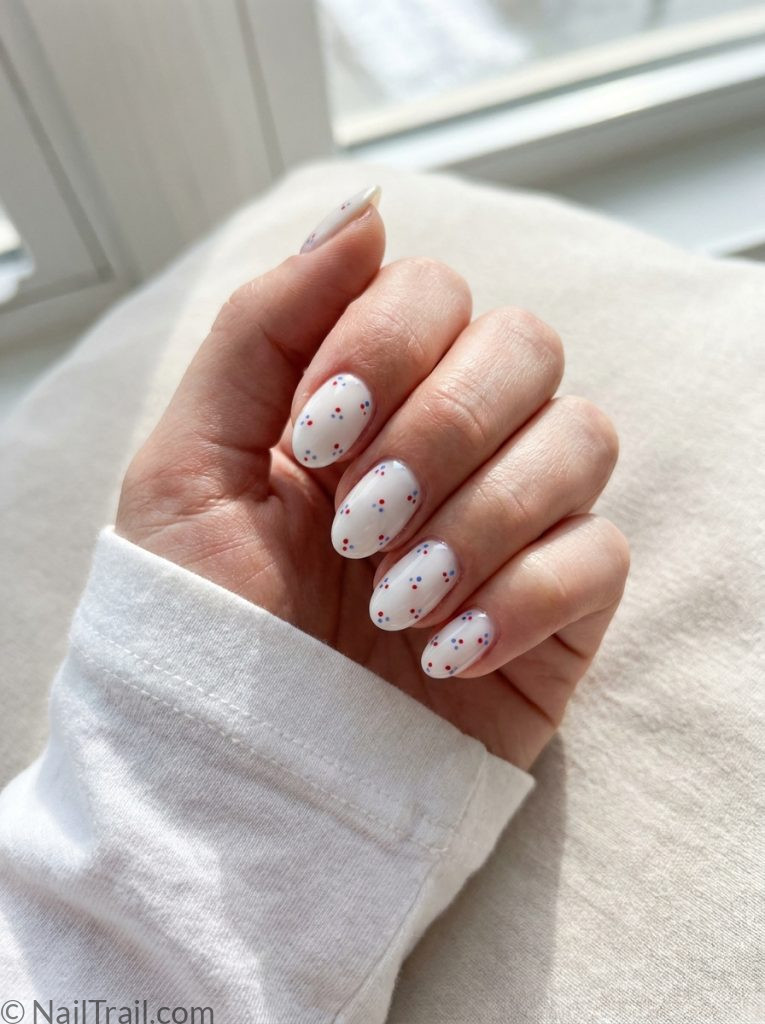 simple 4th of july nails white base red blue dots oval glossy