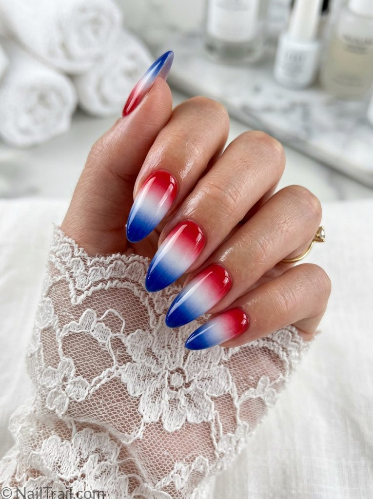 acrylic 4th of july nails long almond red white blue ombre glossy