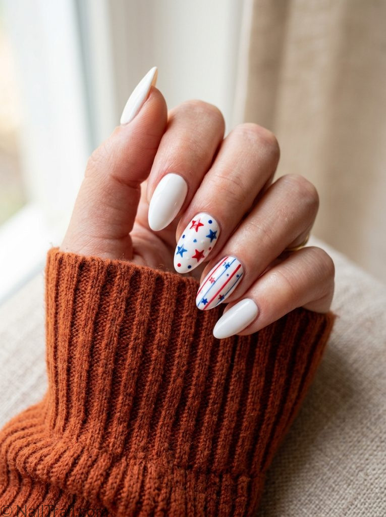 4th of july nail ideas inspo almond white star stripe art glossy