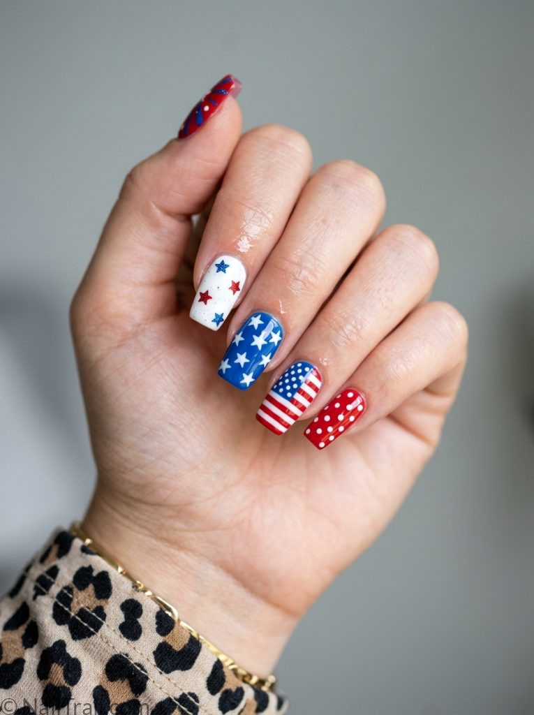4th of july nail art hand painted american flag accent square glossy