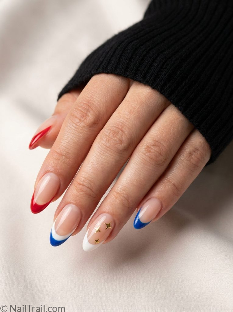 french tip 4th of july nails red white blue alternating tips almond glossy
