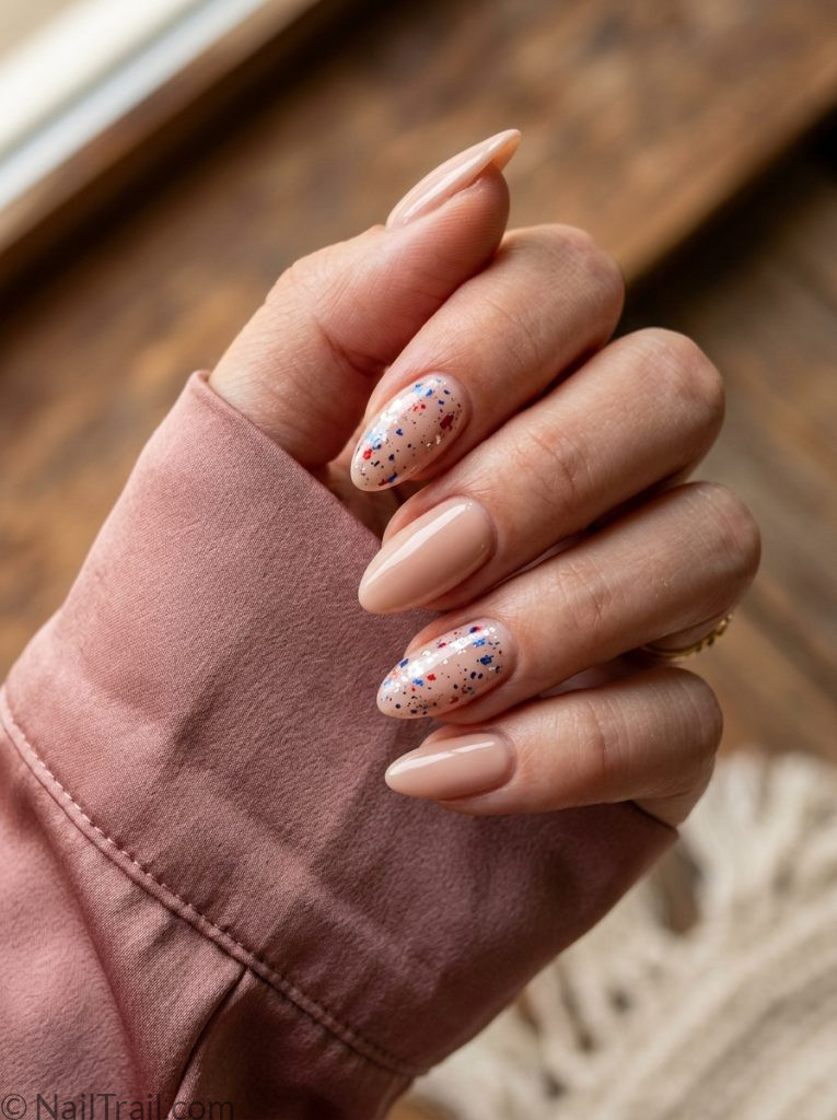 neutral 4th of july nails nude foil red white blue accent almond glossy