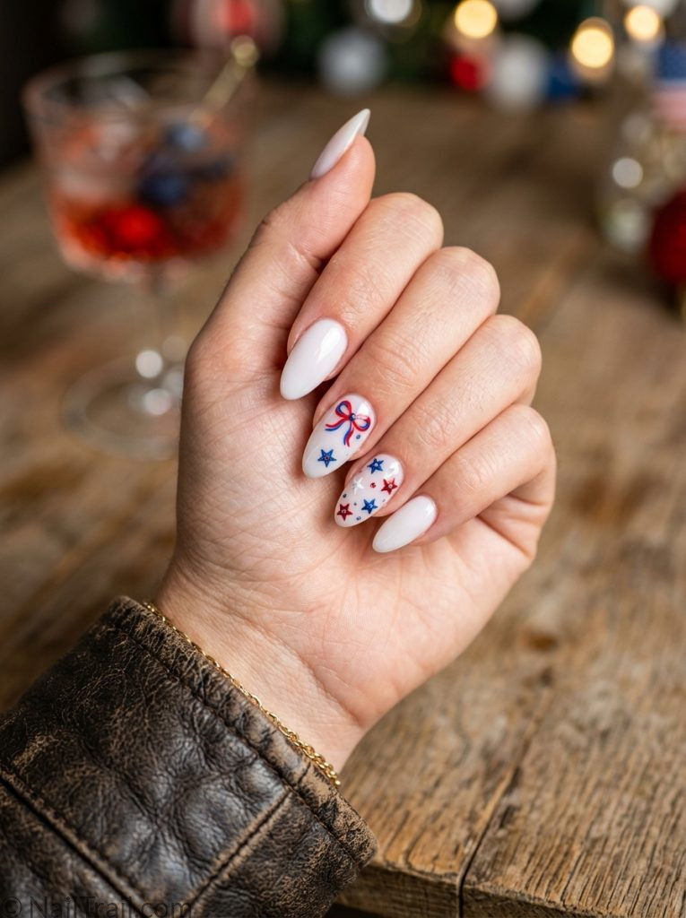 cute almond 4th of july nails white red bow blue star almond glossy