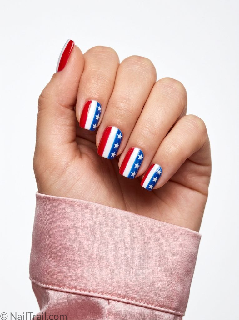 short 4th of july nails red white blue square short glossy