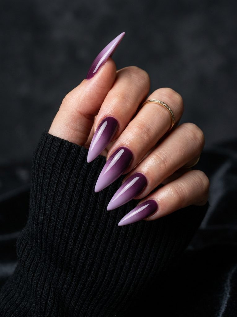  latest acrylic nail trends 2026 stiletto ombre plum to lilac glossy