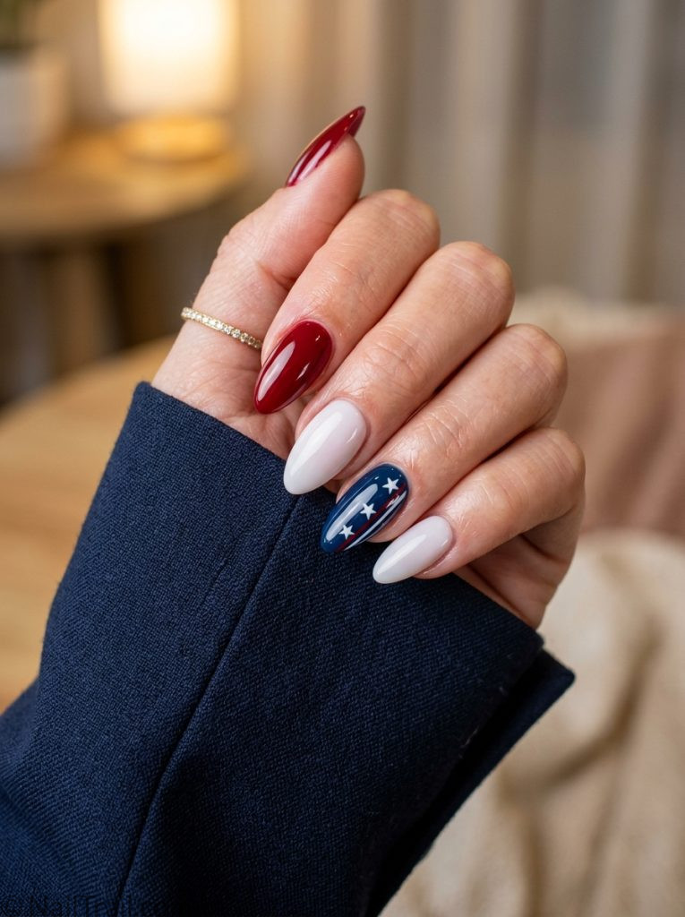 almond 4th of july nails red white navy alternating almond glossy