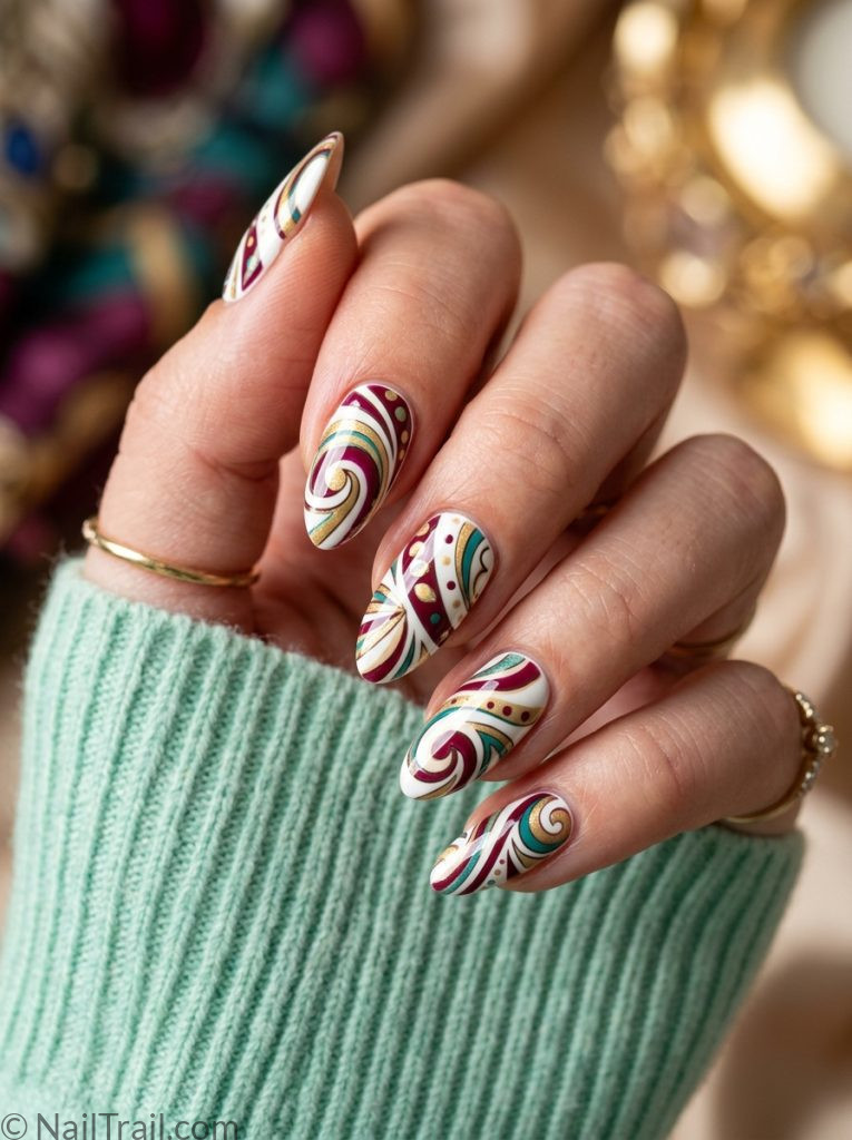 enrico pucci print nails burgundy gold teal cream geometric swirl almond glossy 2026