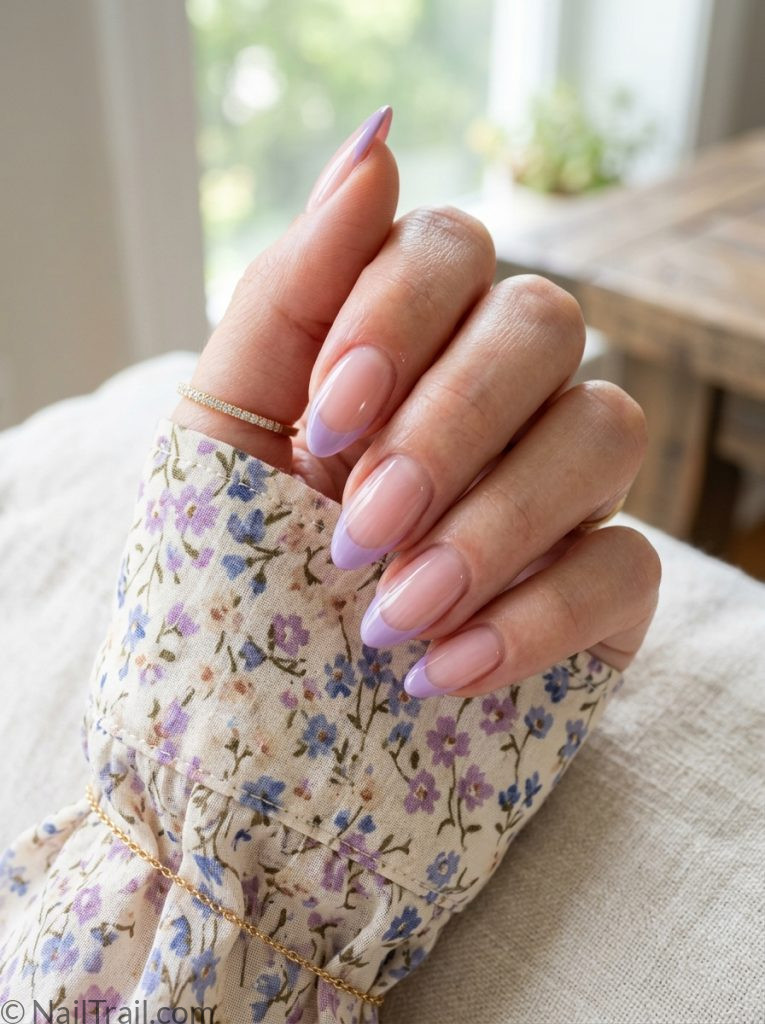 simple French gel nail trends 2026 colored tips lavender almond