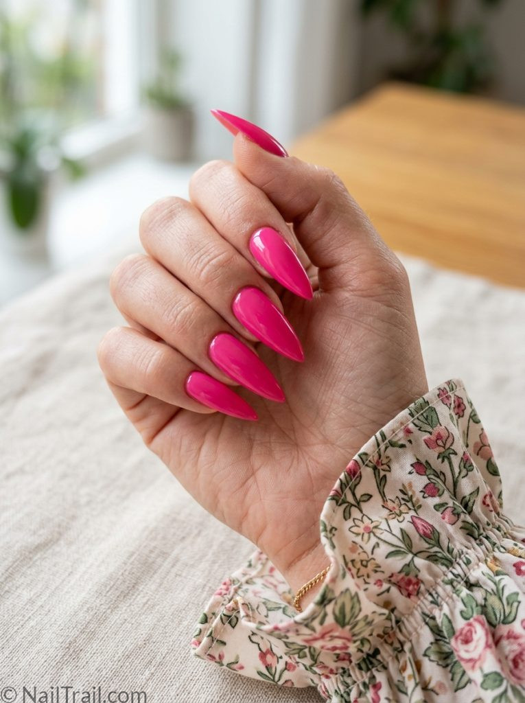pink stiletto nail inspo ideas 2026 hot pink long glossy pointed