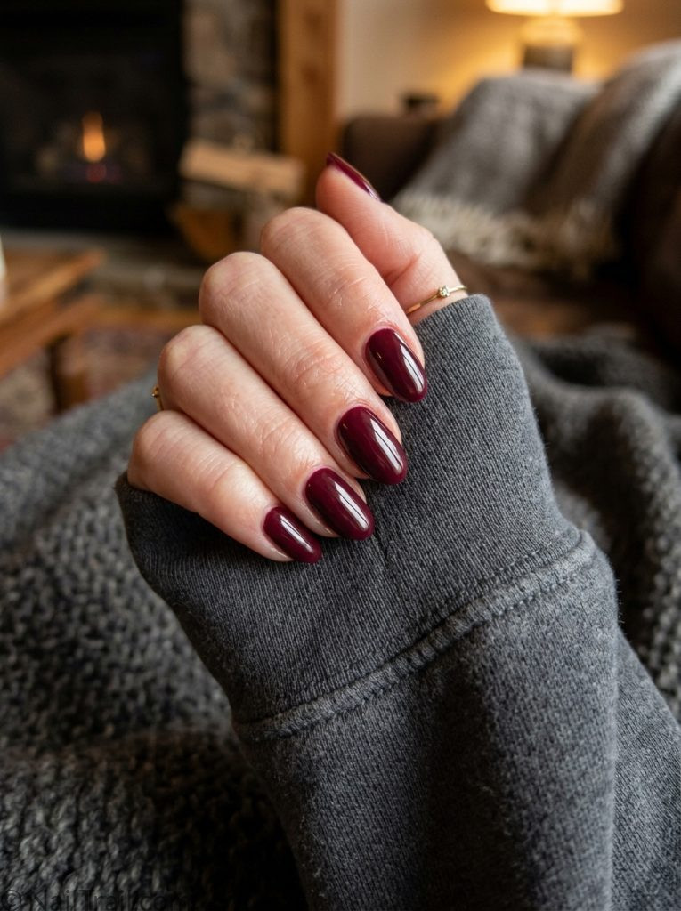 autumn nail trends 2026 deep burgundy wine oval glossy gel
