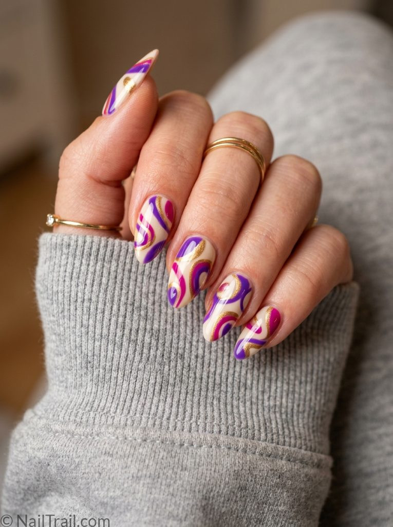 purple pucci nails almond violet pink gold swirl cream base glossy 2026