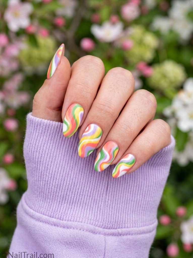 pring pucci nails colorful coral yellow green lavender swirl almond glossy 2026