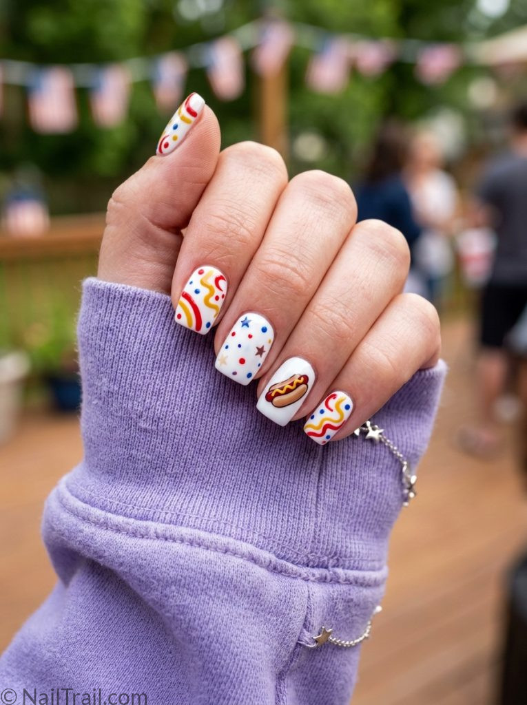 fun 4th of july hot dog nails playful red yellow white square glossy