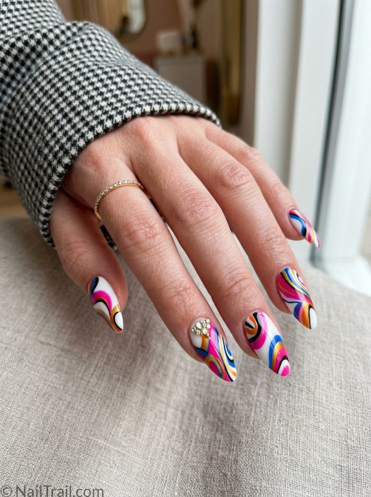 full pucci nail set charms hot pink blue gold orange swirl almond crystal accent glossy 2026