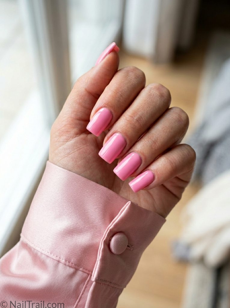 pink square acrylic nail trends 2026 candy pink glossy medium length