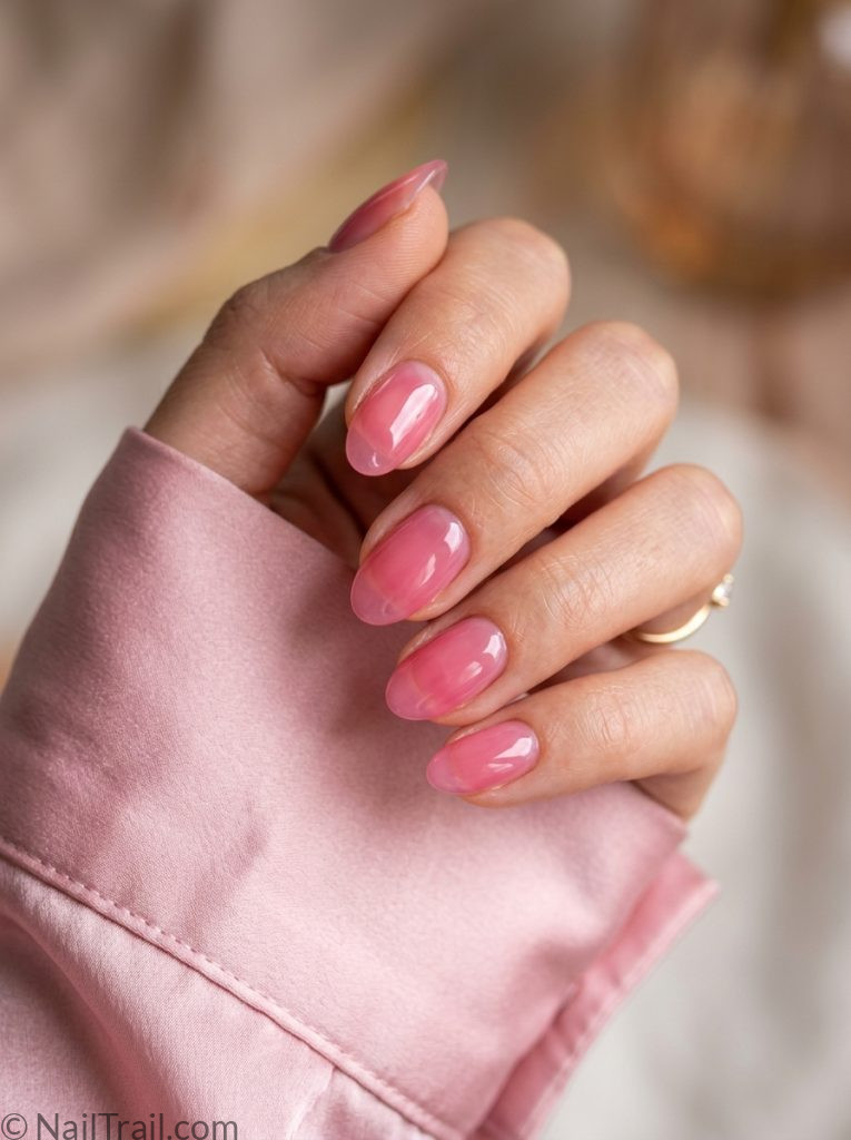 viral Korean nail trends 2026 jelly finish candy pink oval glossy