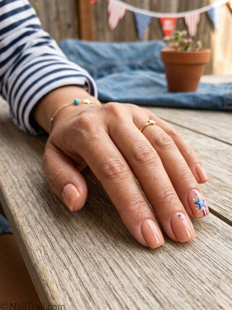 simple western 4th of july nails nude red blue star short square glossy