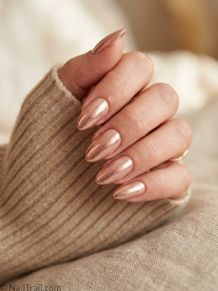 top almond nail trends 2026 nude chrome champagne rose gold
