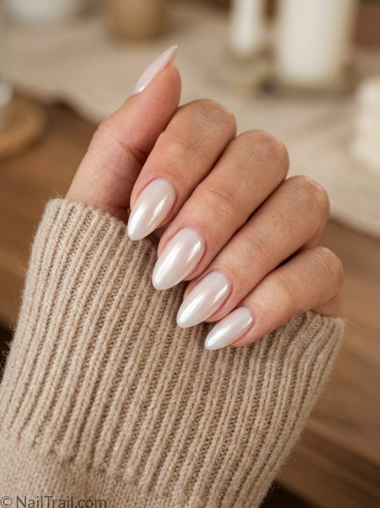 white almond nail inspo ideas 2026 glazed milky chrome shimmer